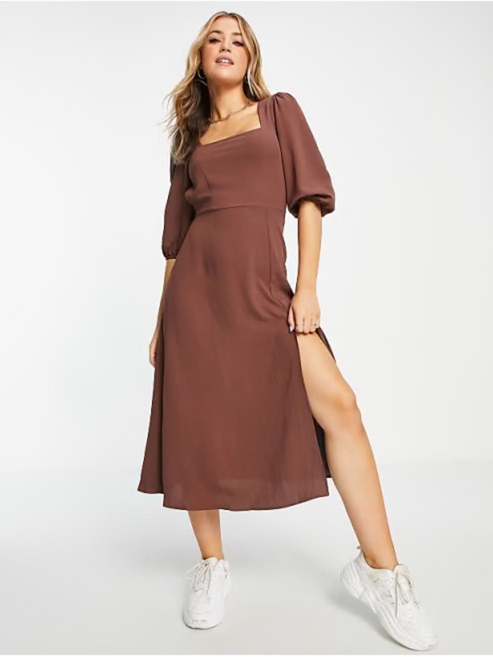 stradivarius Rust-Brown Square Neck Long Sleeve Midi Dress